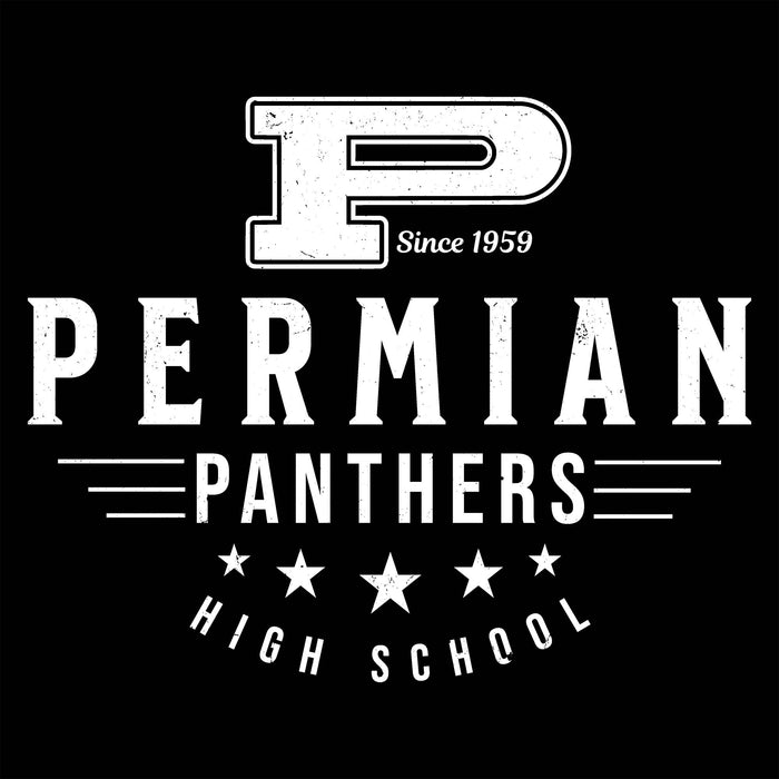 Permian Panthers High School logo with a large 'P' and text on a black background - raglan t-shirt design 217