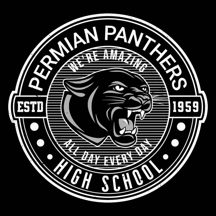 Permian Panther High School logo with panther head and text on a black background - raglan t-shirt design 224
