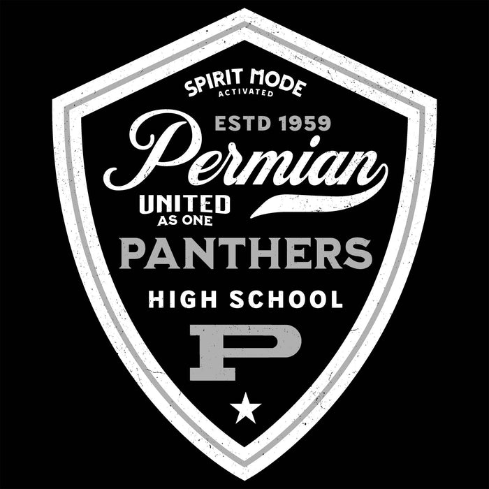 Shield-shaped logo with 'Permian Panthers High School' text on a black background - Classic t-shirt design 225