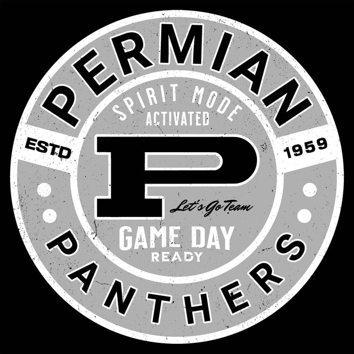 Circular logo with 'Permian Panthers' text and design elements on a black background - classic t-shirt design 239