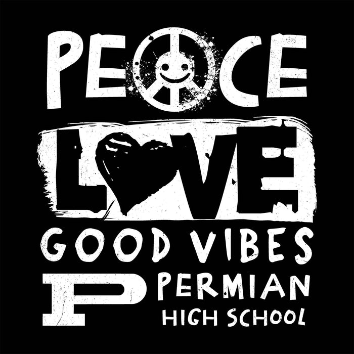 Black and white graphic with 'Peace Love Good Vibes' text and a peace symbol on a black background. Permian Panthers classic t-shirt design 240