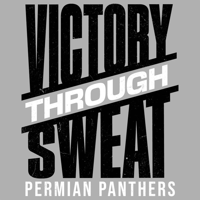Motivational quote 'Victory Through Sweat' with 'Permian Panthers' on a gray background - Classic T-shirt design 241