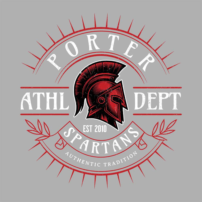 Close-up view of Porter High School Spartans Unisex 3/4 Sleeve Raglan T-shirt 201