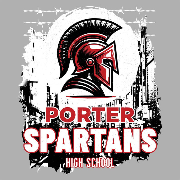 Close-up view of Porter High School Spartans Unisex 3/4 Sleeve Raglan T-shirt 202