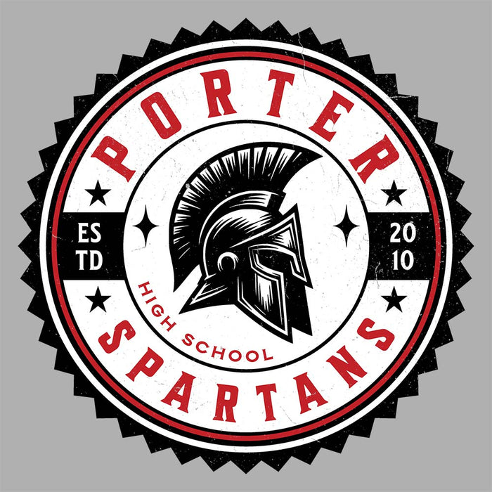 Close-up view of Porter High School Spartans Unisex 3/4 Sleeve Raglan T-shirt 203