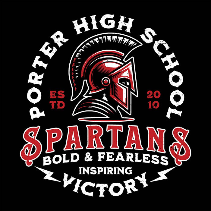 Close-up view of Porter High School Spartans Black Classic Unisex T-shirt 206