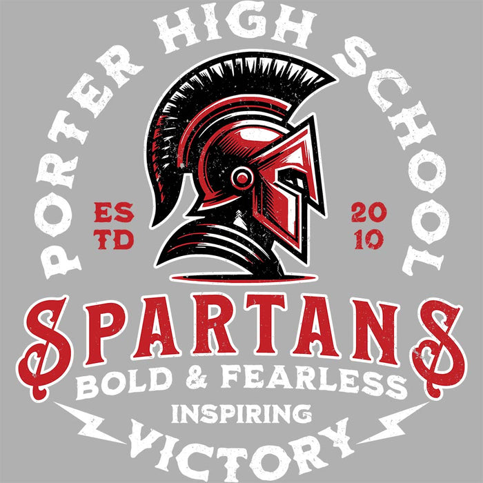 Close-up view of Porter High School Spartans Unisex 3/4 Sleeve Raglan T-shirt 206