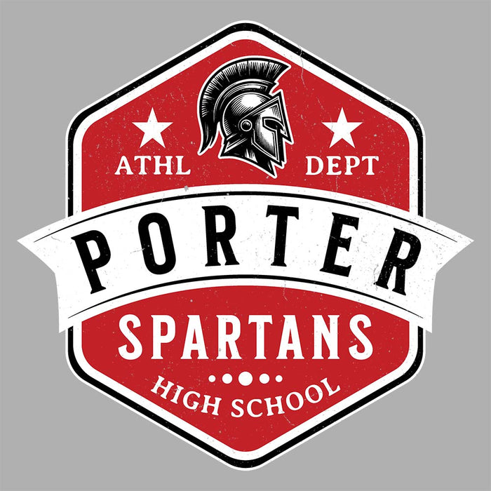 Close-up view of Porter High School Spartans Unisex 3/4 Sleeve Raglan T-shirt 209