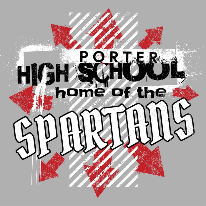 Close-up view of Porter High School Spartans Unisex 3/4 Sleeve Raglan T-shirt 210