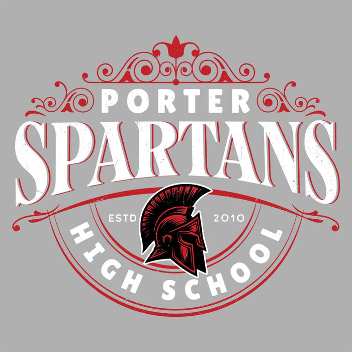 Close-up view of Porter High School Spartans Unisex 3/4 Sleeve Raglan T-shirt 211