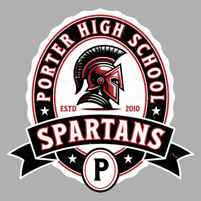 Close-up view of Porter High School Spartans Unisex 3/4 Sleeve Raglan T-shirt 212