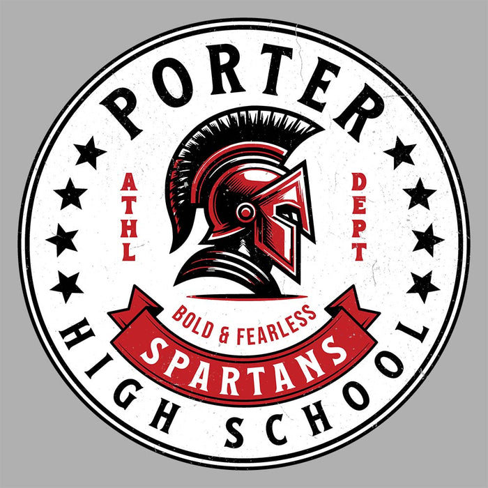 Close-up view of Porter High School Spartans Unisex 3/4 Sleeve Raglan T-shirt 215