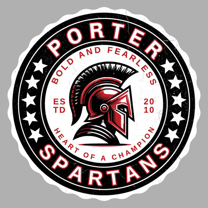 Close-up view of Porter High School Spartans Unisex 3/4 Sleeve Raglan T-shirt 216