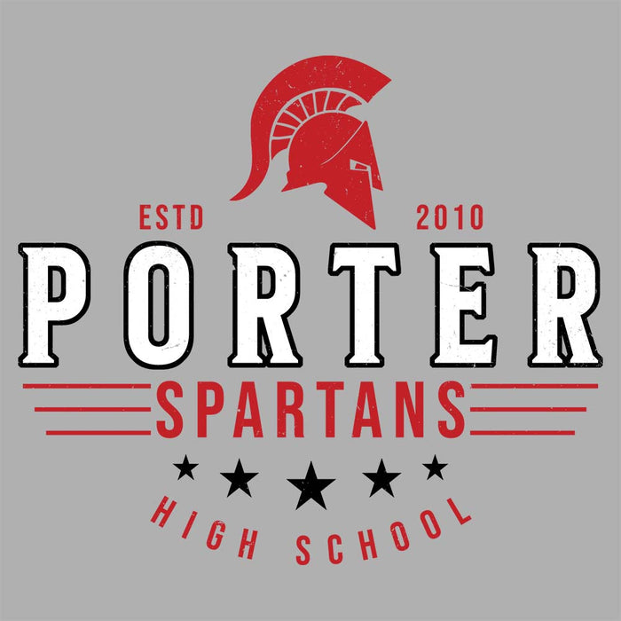 Close-up view of Porter High School Spartans Unisex 3/4 Sleeve Raglan T-shirt 217