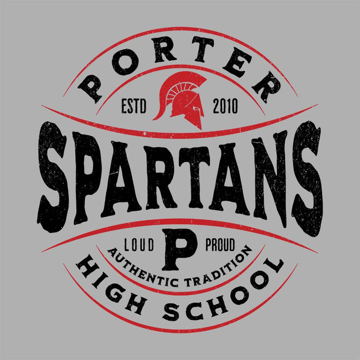 Close-up view of Porter High School Spartans Unisex 3/4 Sleeve Raglan T-shirt 218