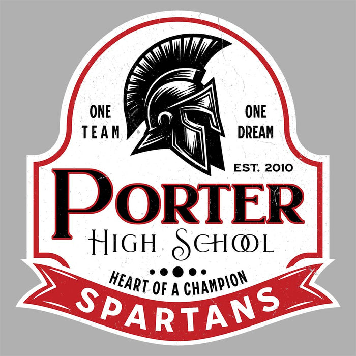 Close-up view of Porter High School Spartans Unisex 3/4 Sleeve Raglan T-shirt 219