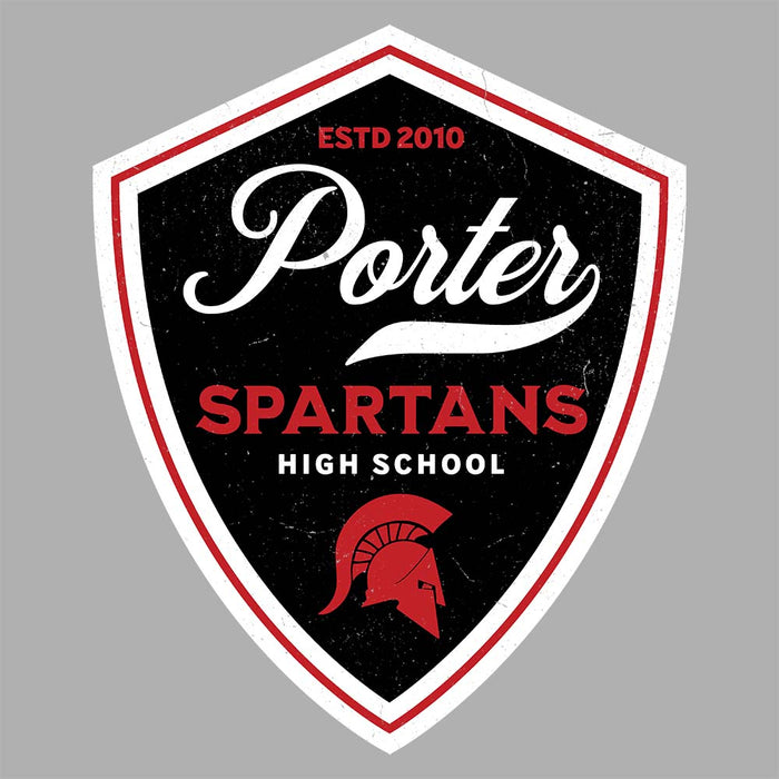 Close-up view of Porter High School Spartans Unisex 3/4 Sleeve Raglan T-shirt 225