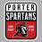 Porter Spartans logo with a Spartan helmet on a red background - raglan t-shirt design 001