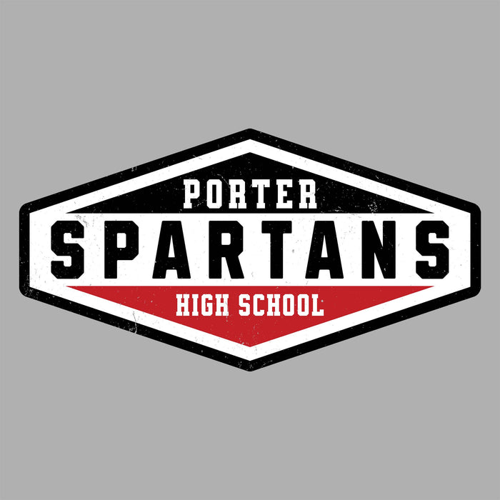 Hexagonal logo with 'Porter Spartans High School' text on a gray background - raglan t-shirt design 009
