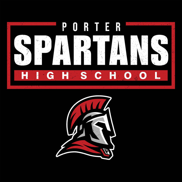 Close-up view of Porter High School Spartans Women's Black SoftStyle T-shirt 049