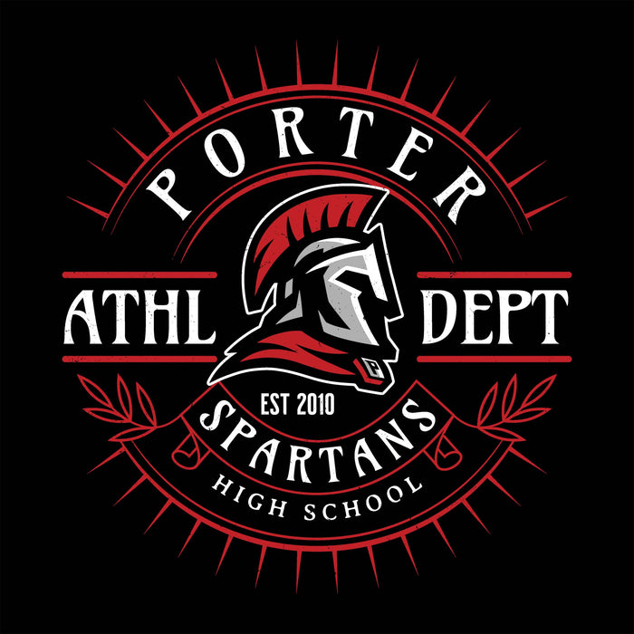 Porter Athletic Department Spartans High School logo with Spartan helmet design on a black background - women's t-shirt design 201