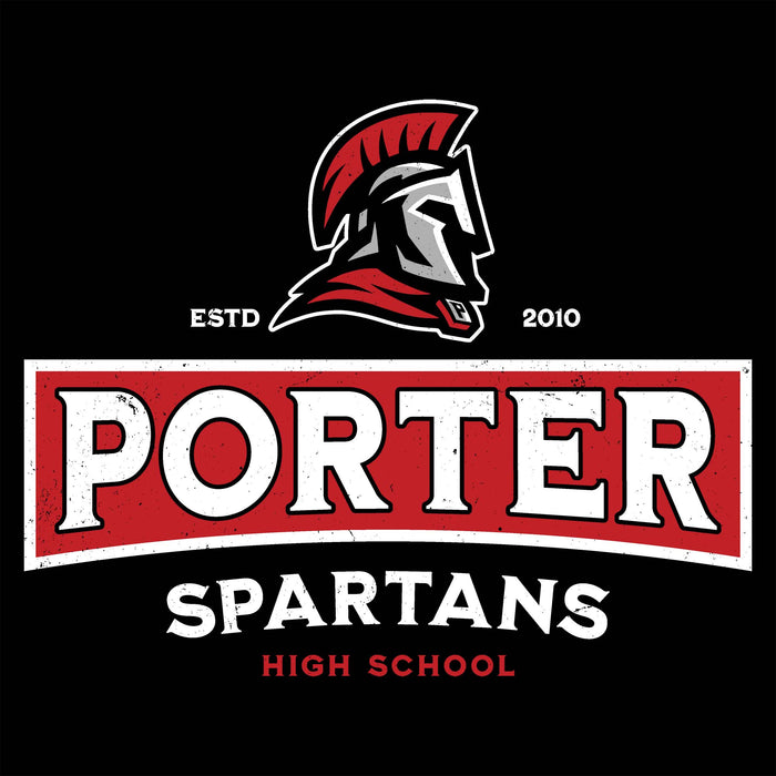 Close-up view of Porter High School Spartans Women's Black SoftStyle T-shirt 202