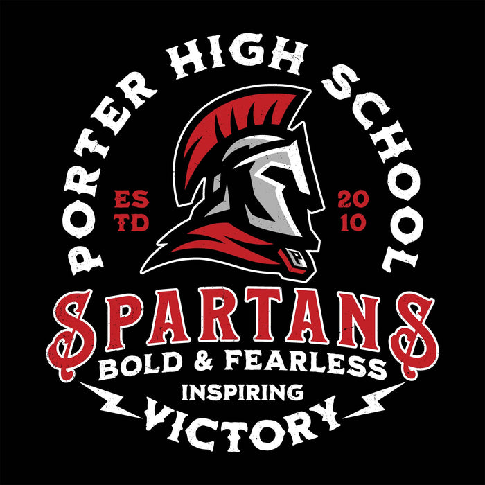 Porter High School Spartans logo with a Spartan helmet on a black background - women's t-shirt design 206