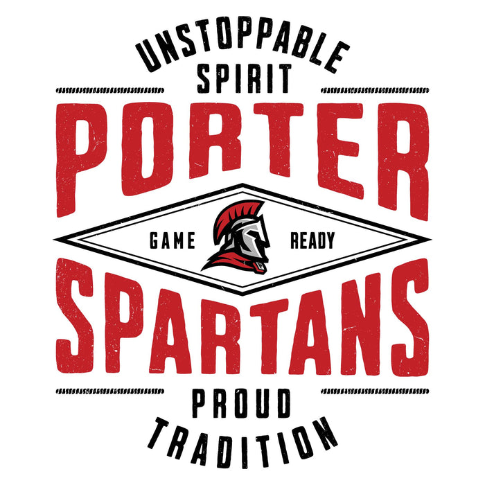 Close-up view of Porter High School Spartans Unisex 3/4 Sleeve Raglan T-shirt 210