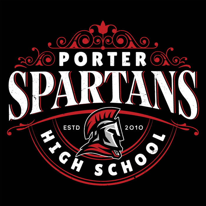 Porter Spartans High School logo with red and white design on a black background - women's t-shirt design 211