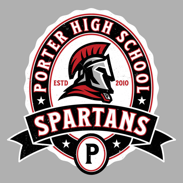 Porter High School Spartans logo on a gray background - raglan t-shirt design 212