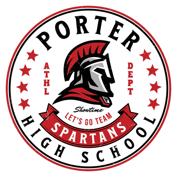 Porter High School Spartans logo with a Spartan helmet and red stars on a white background - raglan t-shirt design 215