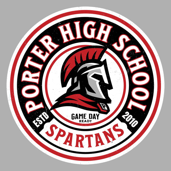 Porter High School Spartans logo with a Spartan helmet on a gray background - raglan t-shirt design 220