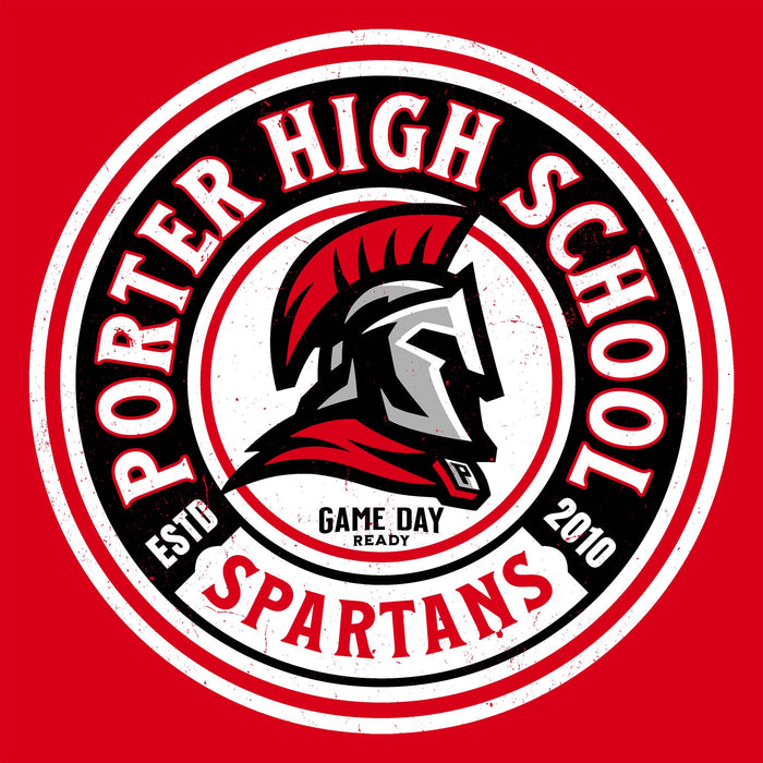 Porter High School Spartans logo with a Spartan helmet on a red background - classic t-shirt design 220