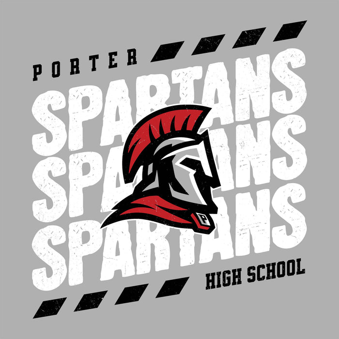 Gray t-shirt with 'Porter Spartans' text and Spartan logo on a gray background - raglan t-shirt design 223