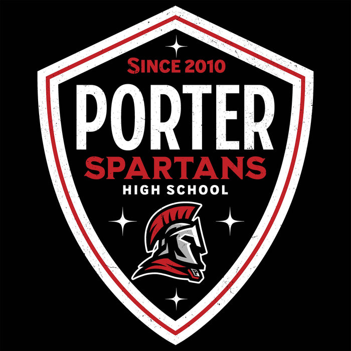 Porter Spartans High School logo with Spartan helmet on a black background - shield design for women's t-shirt