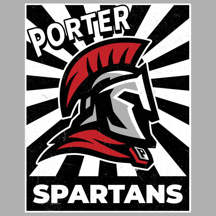 Logo of Porter Spartans with a helmet design on a black and white striped background - raglan t-shirt design 226