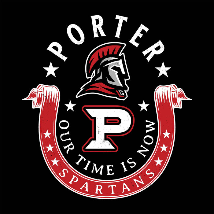 Logo with a Spartan helmet, horseshoe, and text on a black background - classic t-shirt design 229