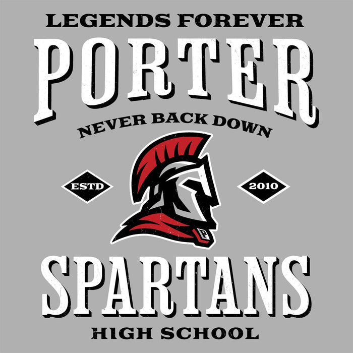 Gray t-shirt with 'Porter Spartans' design featuring a Spartan helmet and text. Raglan t-shirt design 230