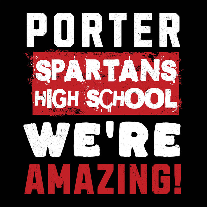 Text design with 'Porter Spartans High School We're Amazing!' on a black background - raglan t-shirt design 231