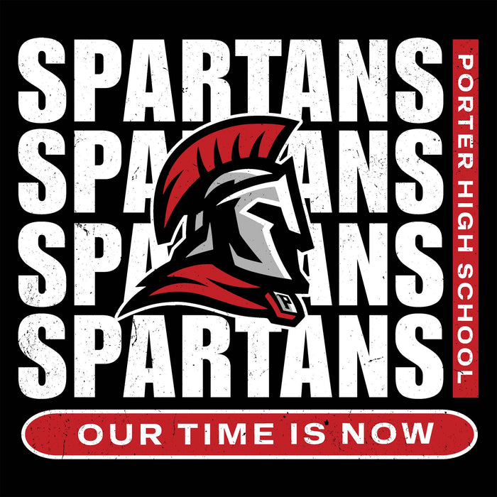 Porter High School Spartans logo with text 'Our Time is Now' on a black background - women's t-shirt design 235