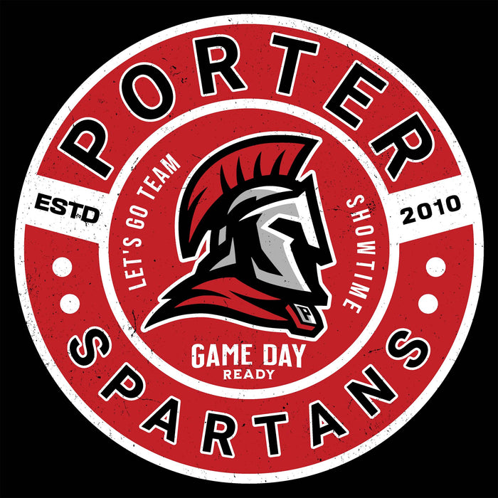 Circular logo with 'Porter Spartans' text and spartan helmet design on a red background - classic t-shirt design 239