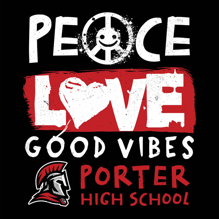 Motivational text with a peace symbol, heart, and school logo on a black background - Porter High School raglan t-shirt design 240