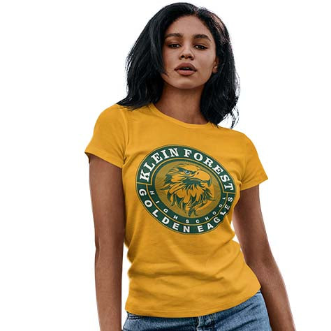 Woman wearing a Klein Forest Golden Eagles Women's Gold T-shirt 02