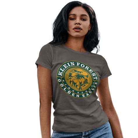 Woman wearing a Klein Forest Golden Eagles Women's Charcoal T-shirt 02