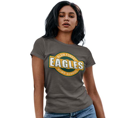 Woman wearing a Klein Forest Golden Eagles Women's Charcoal T-shirt 11