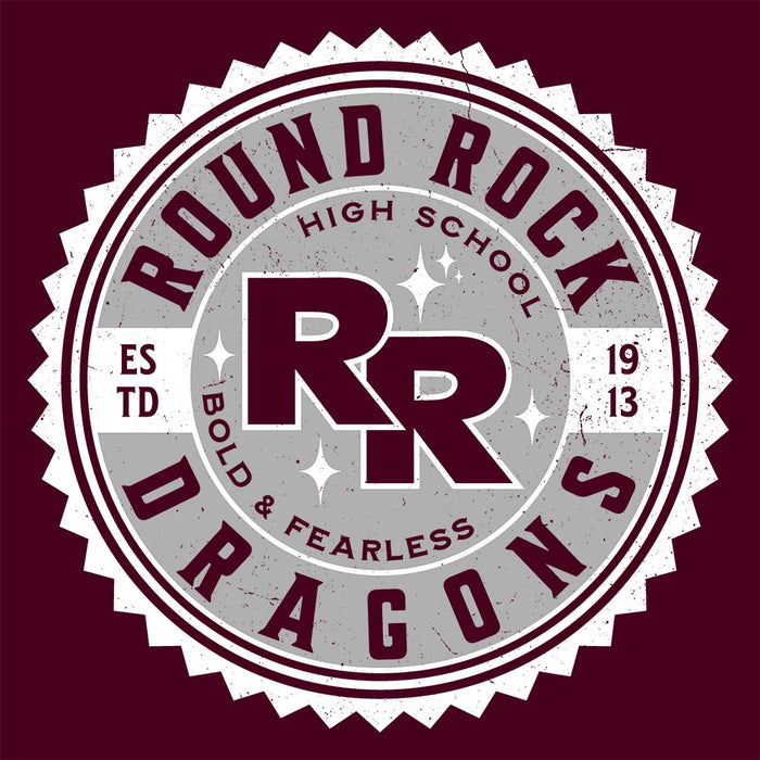 Close-up view of Round Rock High School Dragons Maroon Classic Unisex T-shirt 203