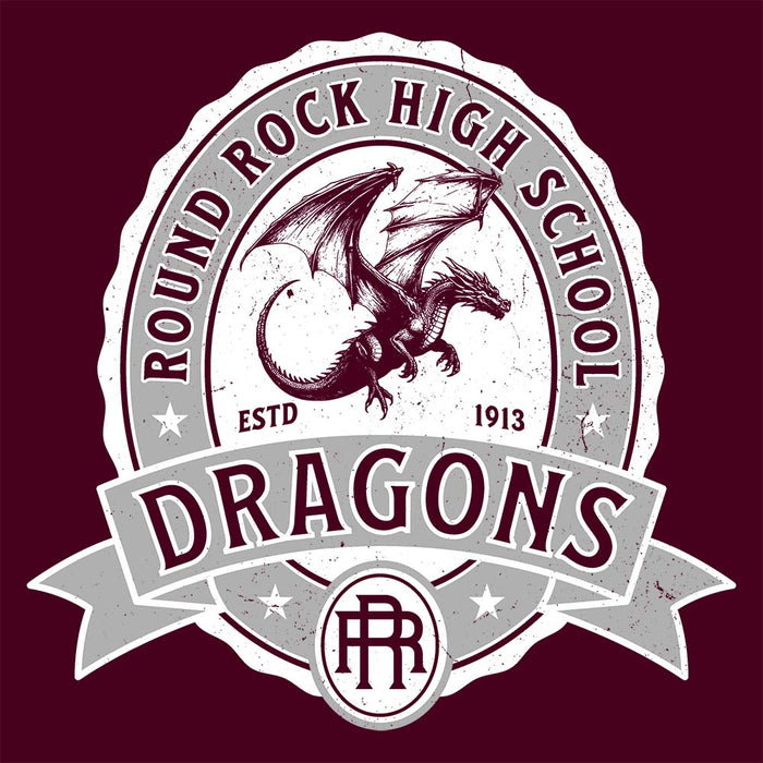 Close-up view of Round Rock High School Dragons Maroon Classic Unisex T-shirt 212