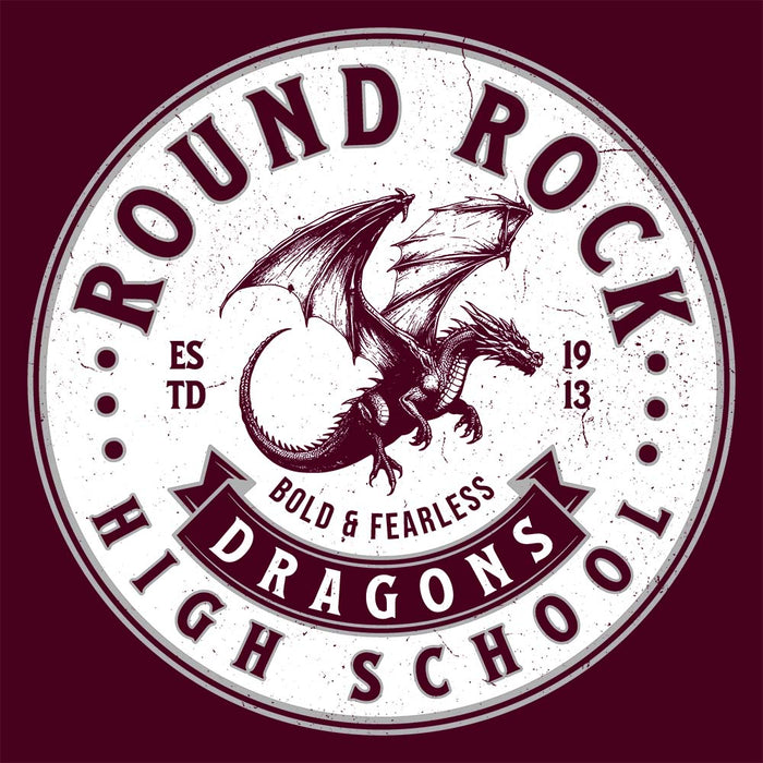 Close-up view of Round Rock High School Dragons Maroon Classic Unisex T-shirt 215