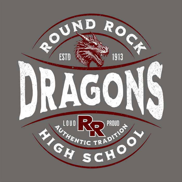 Close-up view of Round Rock High School Dragons Dark Grey Classic Unisex T-shirt 218