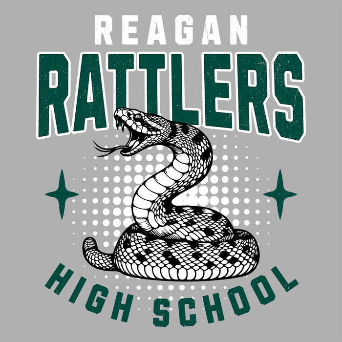 Close-up view of Reagan High School Rattlers Unisex 3/4 sleeve Raglan T-shirt 204